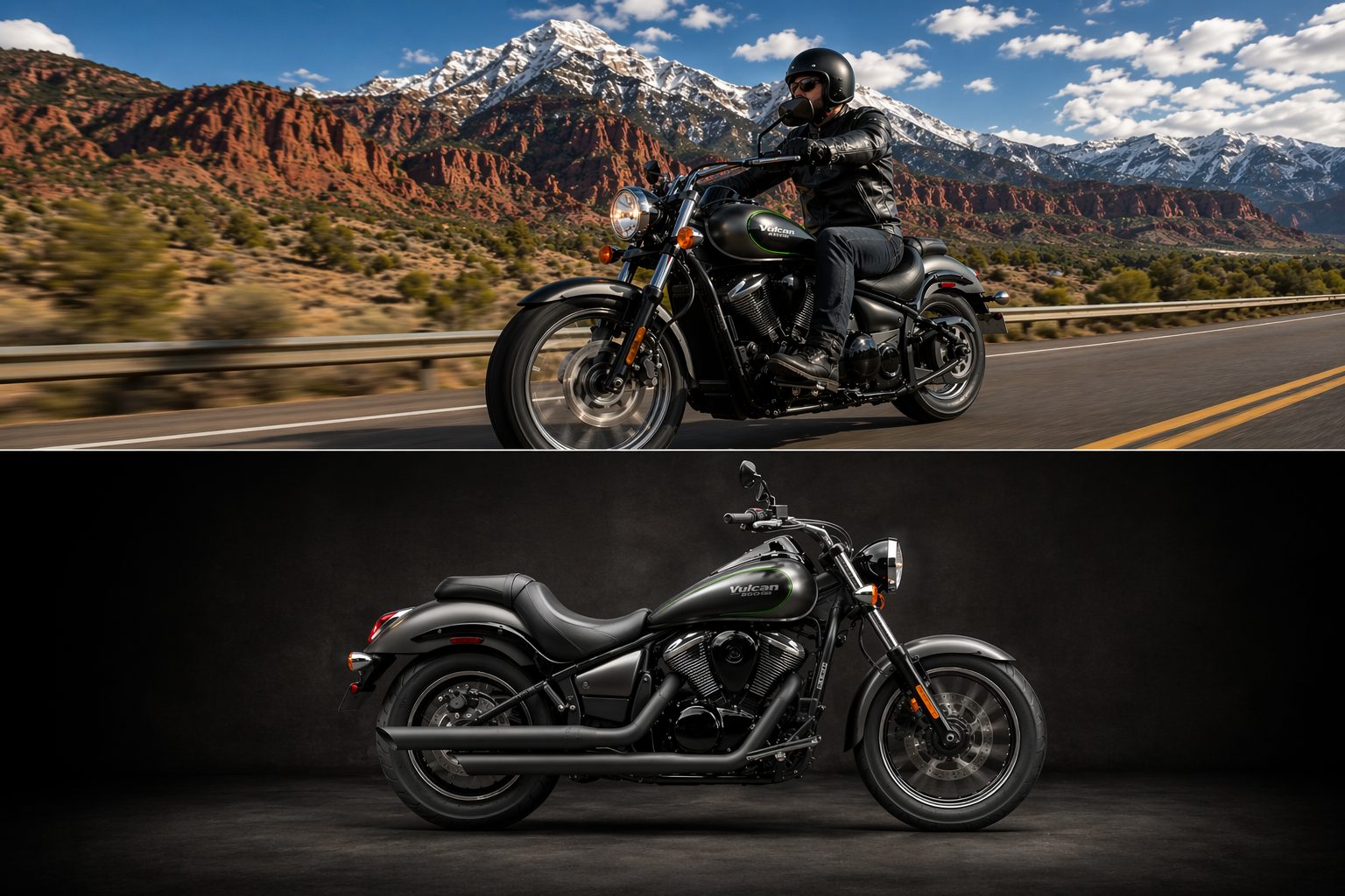 Black cruiser motorcycle parked at Utah sunset — ready to earn