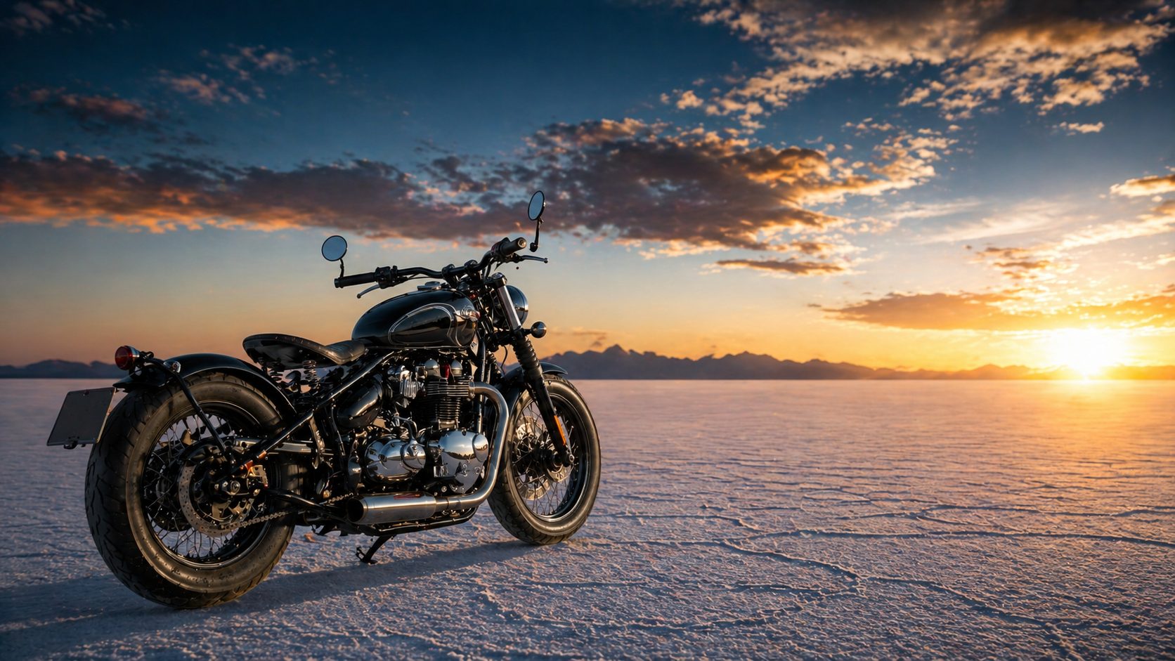 Motorcycle parked on Bonneville Salt Flats at Utah sunset